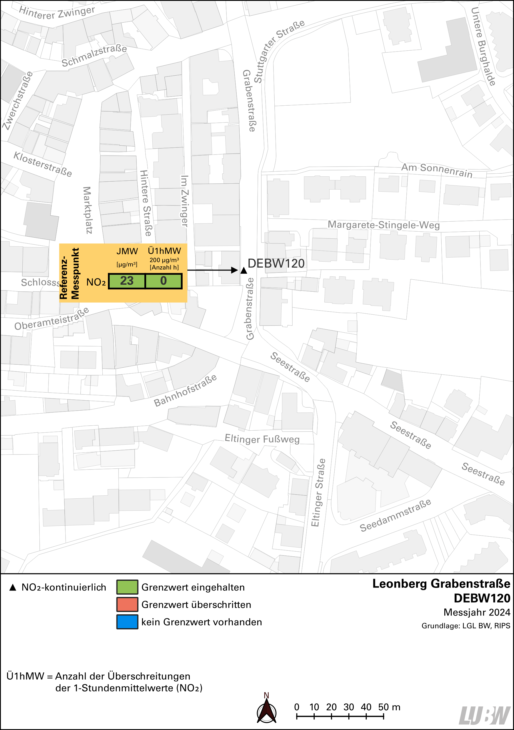 Kartenausschnitt, der die Lage der Messstelle Leonberg Grabenstraße (Referenzmesspunkt) zeigt. Dargestellt sind zudem die Ergebnisse (Jahresmittelwert 2024, Überschreitung 2024) der gemessenen Stickstoffdioxidbelastung.