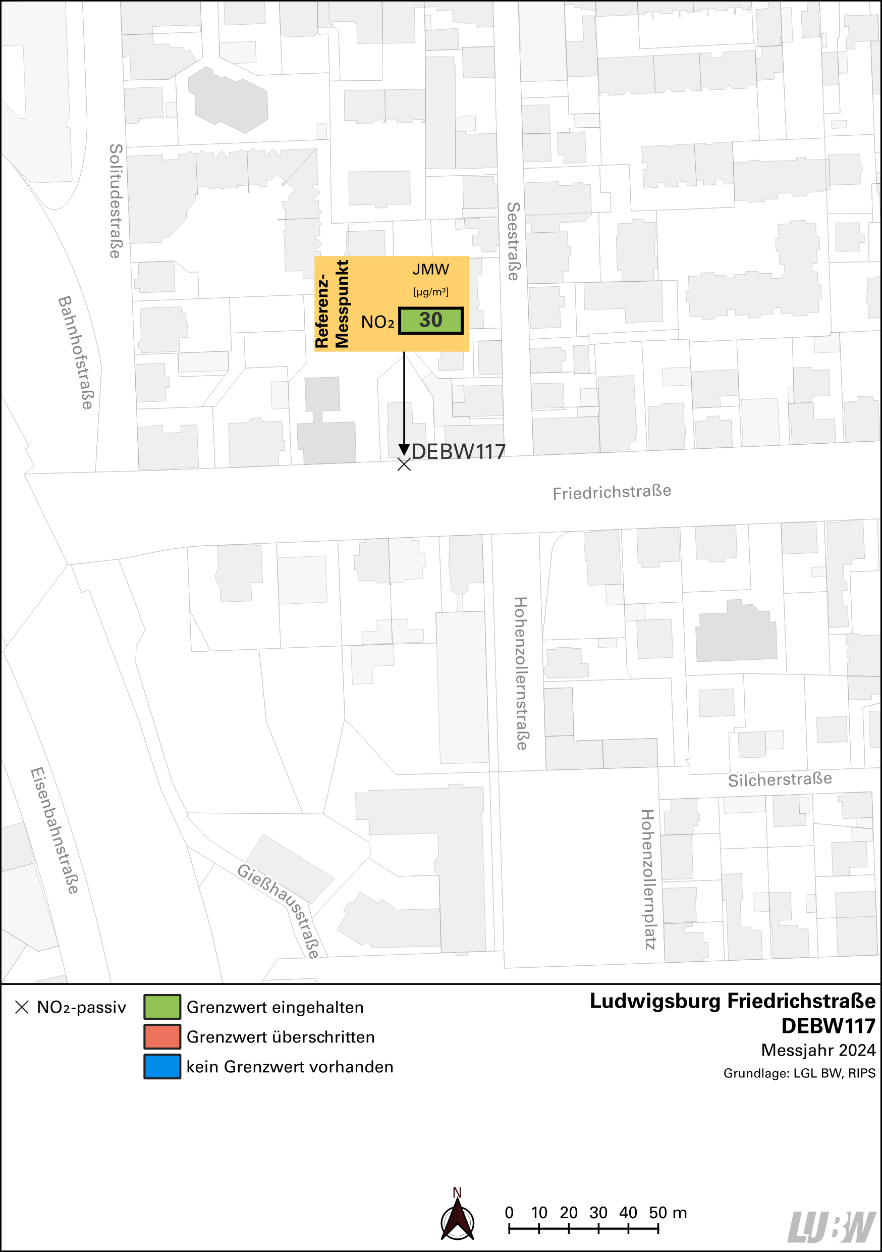 Kartenausschnitt, der die Lage der Messstelle Ludwigsburg Friedrichstraße (Referenzmesspunkt) zeigt. Dargestellt ist zudem das Ergebnis (Jahresmittelwert 2024) der gemessenen Stickstoffdioxidbelastung.