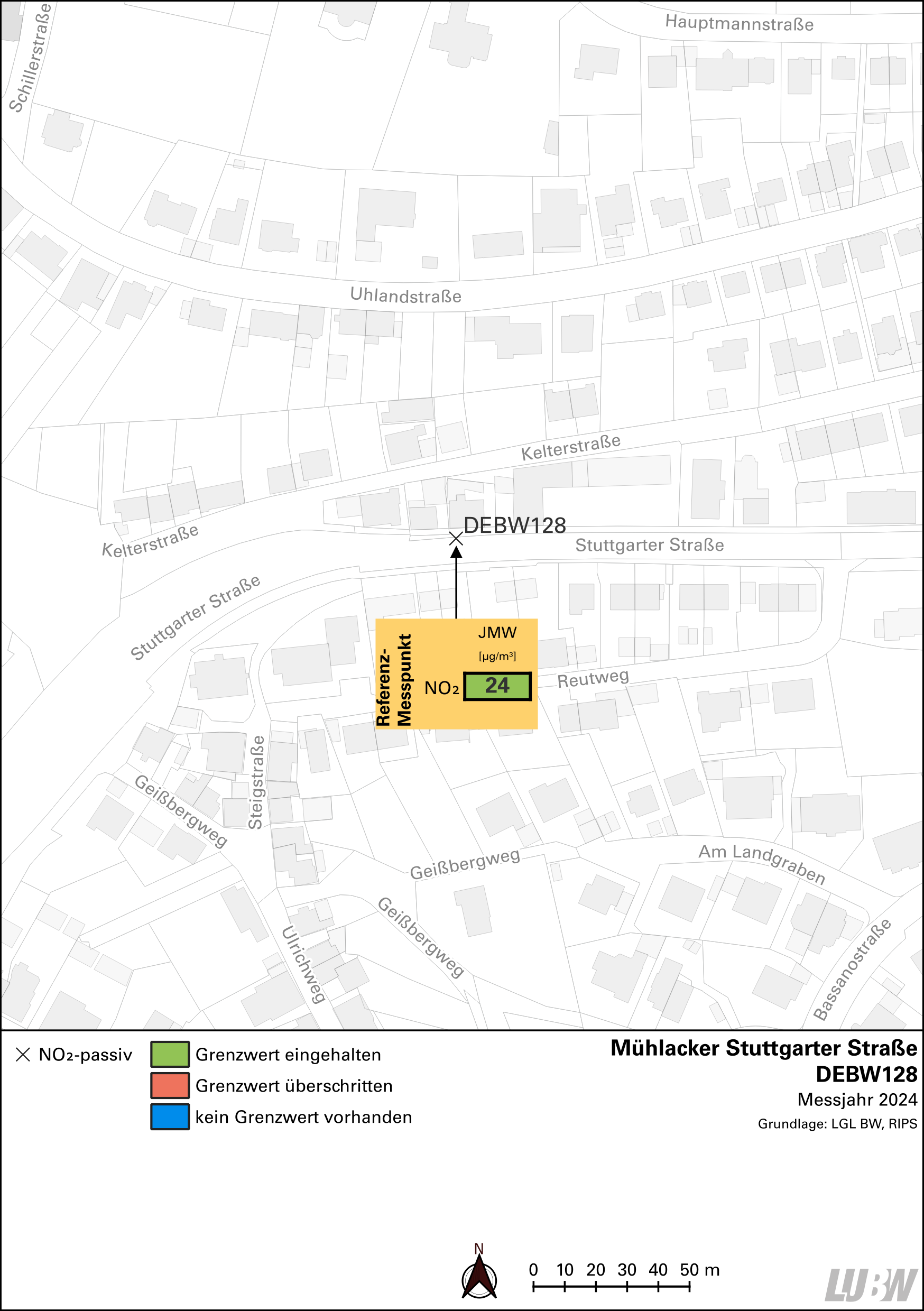 Kartenausschnitt, der die Lage der Messstelle Mühlacker Stuttgarter Straße (Referenzmesspunkt) zeigt. Dargestellt ist zudem das Ergebnis (Jahresmittelwert 2024) der gemessenen Stickstoffdioxidbelastung.