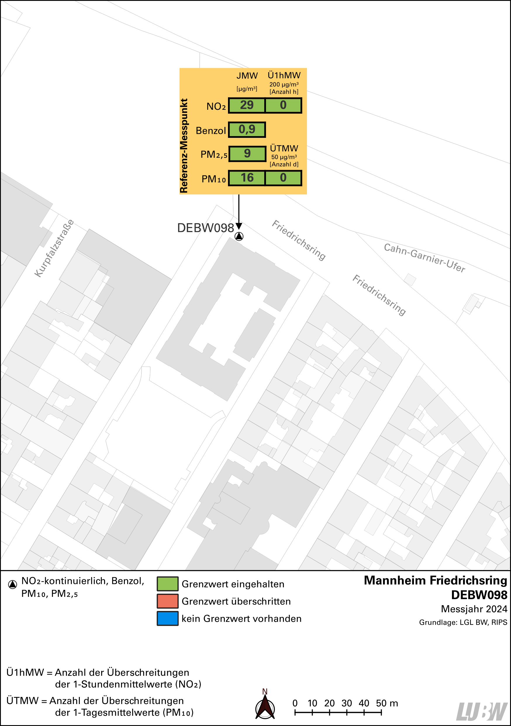 Kartenausschnitt, der die Lage der Messstelle Mannheim Friedrichsring (Referenzmesspunkt) zeigt. Dargestellt sind zudem die Ergebnisse (Jahresmittelwerte 2024, Überschreitungen 2024) der gemessenen Belastung durch Stickstoffdioxid, Partikel PM10, Partikel PM2,5 und Benzol.