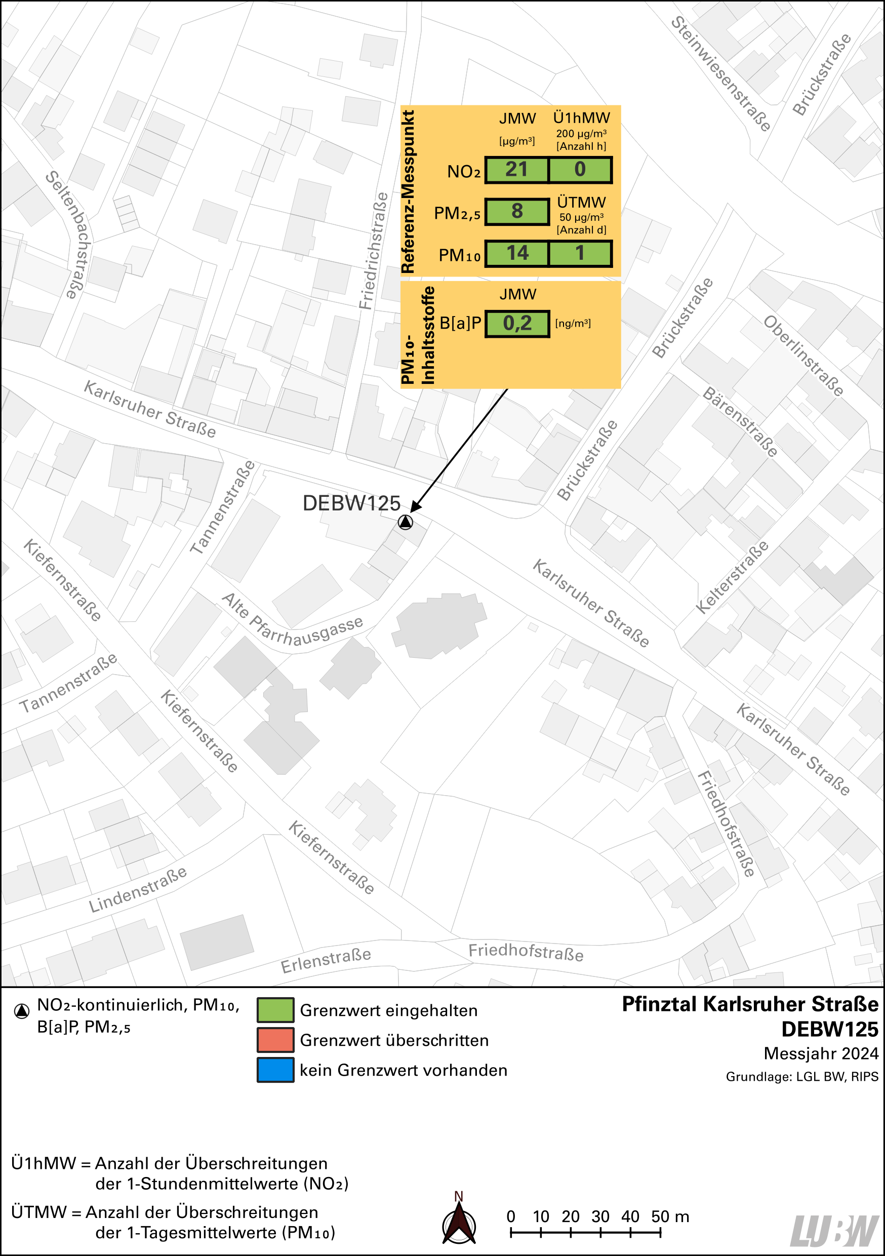 Kartenausschnitt, der die Lage der Messstelle Pfinztal Karlsruher Straße (Referenzmesspunkt) zeigt. Dargestellt sind zudem die Ergebnisse (Jahresmittelwerte 2024, Überschreitungen 2024) der gemessenen Belastung durch Stickstoffdioxid, Partikel PM10, Partikel PM2,5 sowie Benzo[a]pyren als Anteil in Partikel PM10.