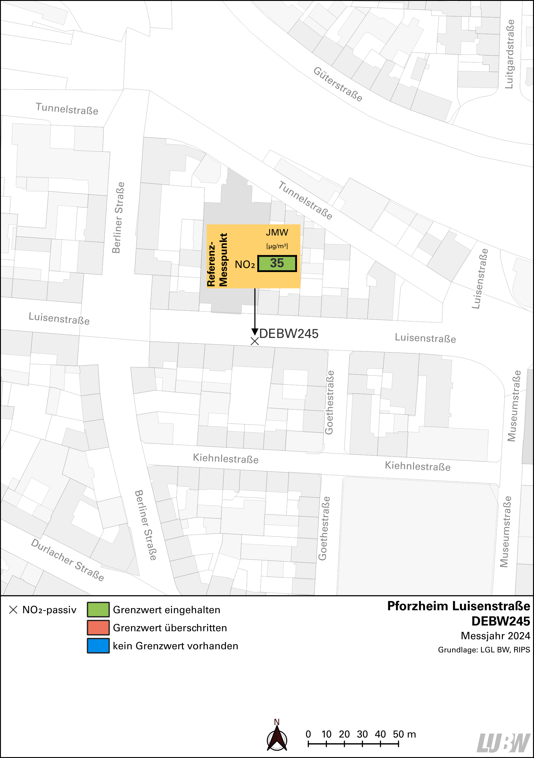 Kartenausschnitt, der die Lage der Messstelle Pforzheim Luisenstraße (Referenzmesspunkt) zeigt. Dargestellt ist zudem das Ergebnis (Jahresmittelwert 2024) der gemessenen Stickstoffdioxidbelastung.