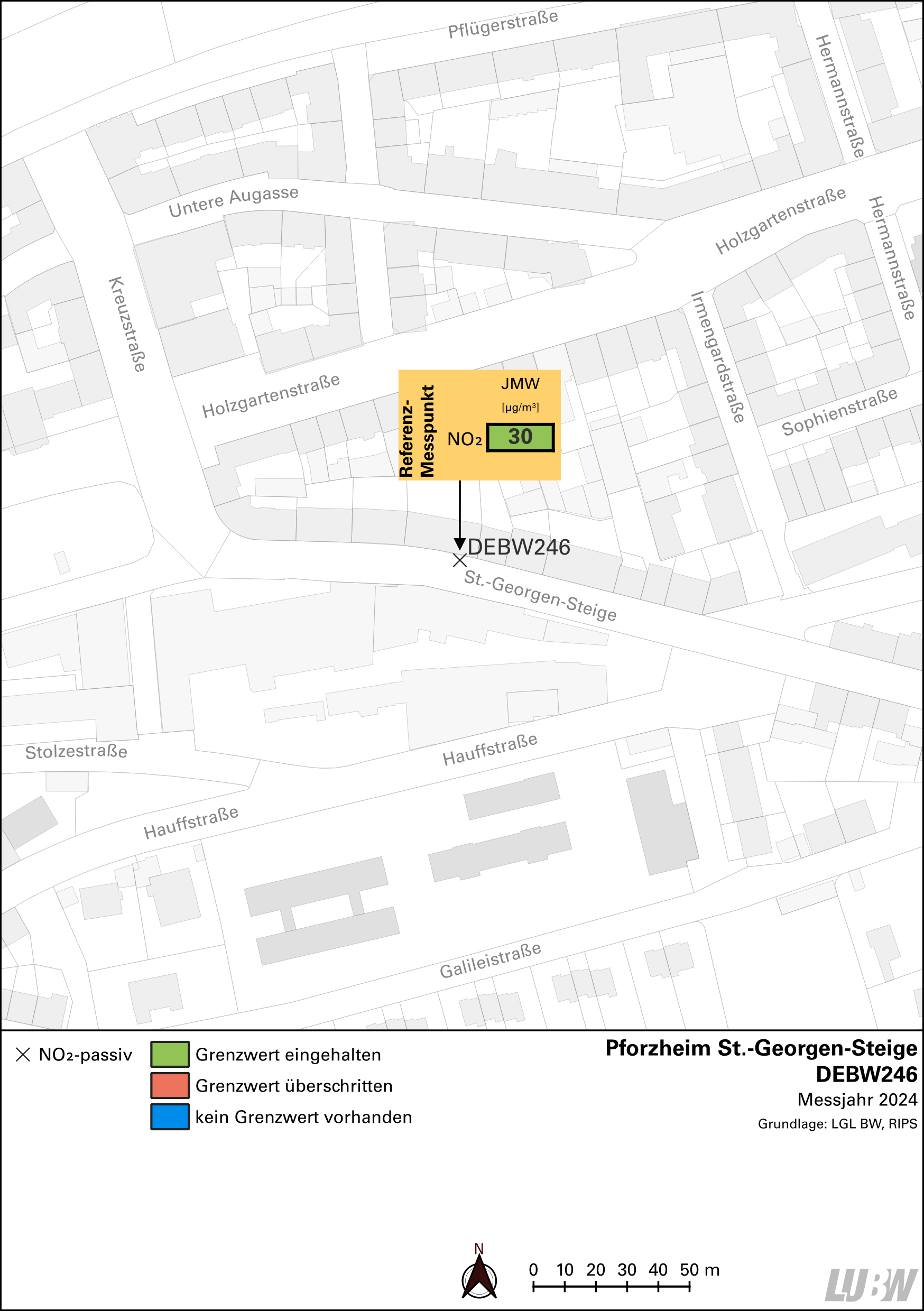 Kartenausschnitt, der die Lage der Messstelle Pforzheim Sankt-Georgen-Steige (Referenzmesspunkt) zeigt. Dargestellt ist zudem das Ergebnis (Jahresmittelwert 2024) der gemessenen Stickstoffdioxidbelastung.