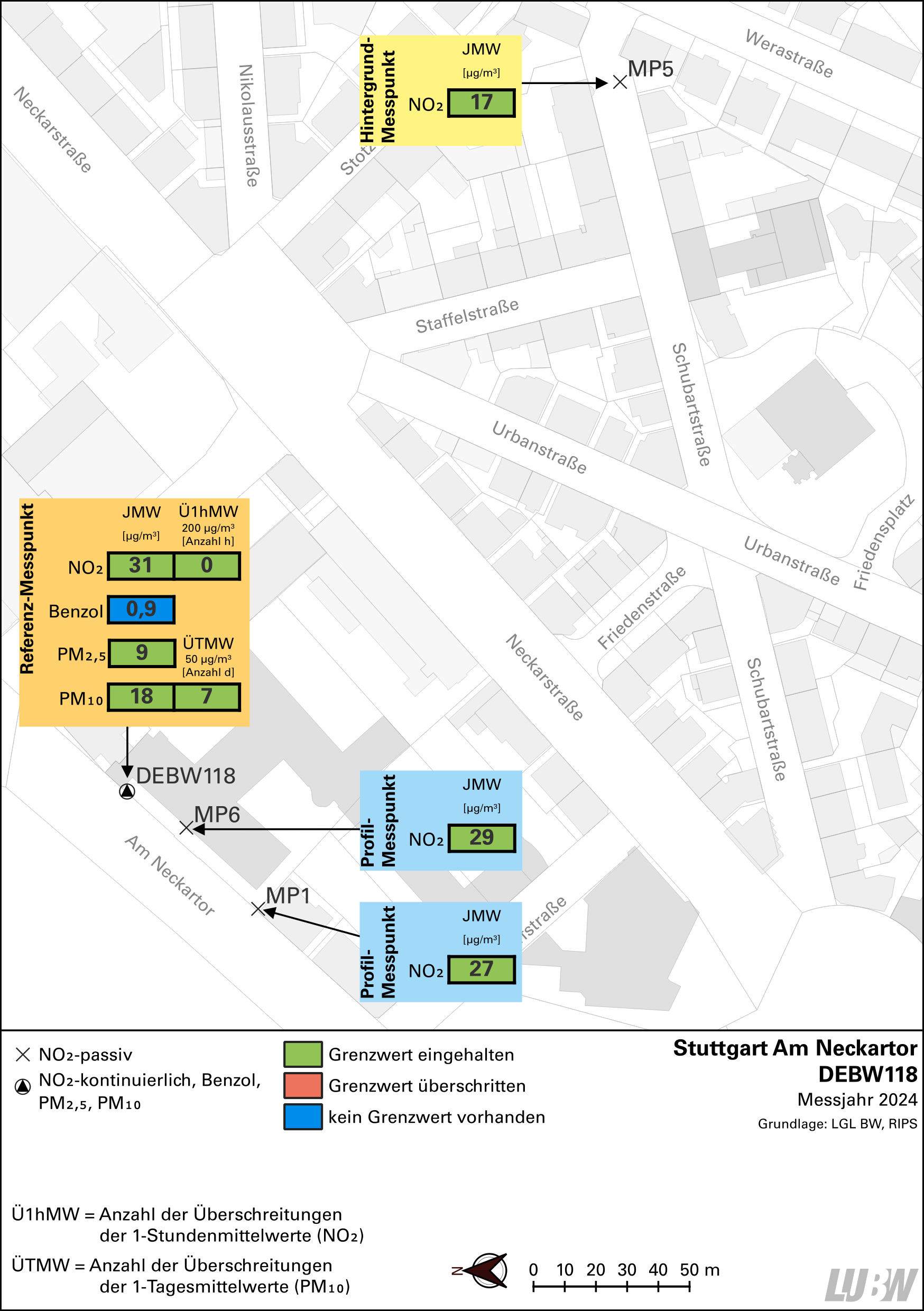 Kartenausschnitt, der die Lage der Messstelle Stuttgart Am Neckartor (Referenzmesspunkt) sowie der 2 Profilmesspunkte und des Hintergrundmesspunkts zeigt. Dargestellt sind zudem die Ergebnisse (Jahresmittelwerte 2024, Überschreitungen 2024) der sowohl am Referenzmesspunkt als auch an den Profilmesspunkten und dem Hintergrundmesspunkt gemessenen Stickstoffdioxidbelastung sowie der am Referenzmesspunkt gemessenen Belastung durch Partikel PM10, Partikel PM2,5 und Benzol.