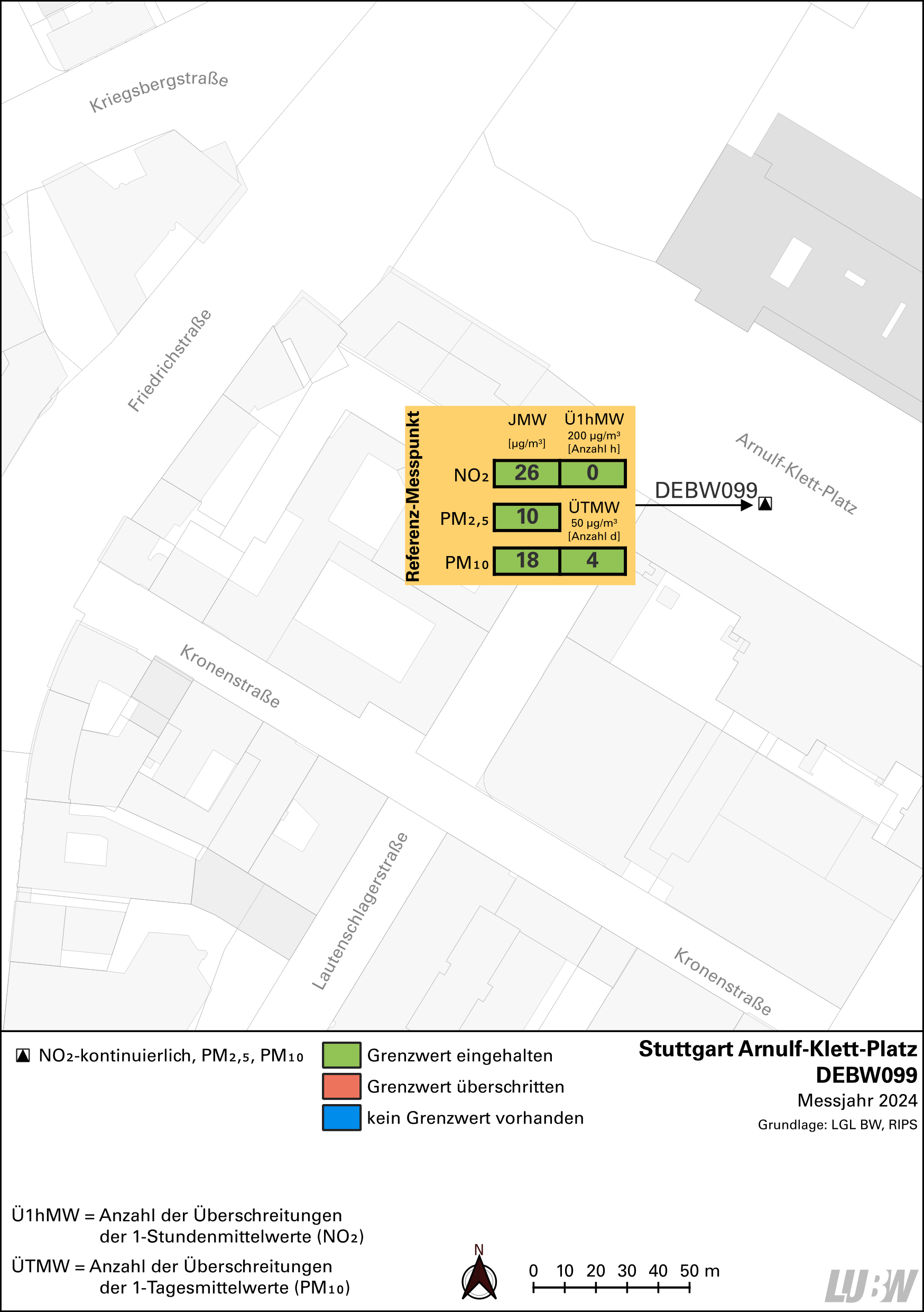 Kartenausschnitt, der die Lage der Messstelle Stuttgart Arnulf-Klett-Platz (Referenzmesspunkt) zeigt. Dargestellt sind zudem die Ergebnisse (Jahresmittelwerte 2024, Überschreitungen 2024) der gemessenen Belastung durch Stickstoffdioxid, Partikel PM10 und Partikel PM2,5.