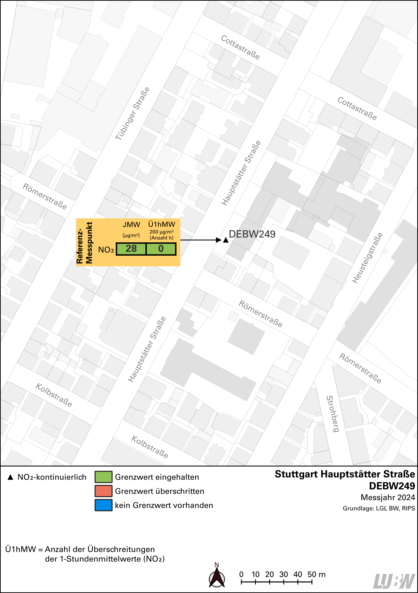 Kartenausschnitt, der die Lage der Messstelle Stuttgart Hauptstätter Straße (Referenzmesspunkt) zeigt. Dargestellt sind zudem die Ergebnisse (Jahresmittelwert 2024, Überschreitungen 2024) der gemessenen Stickstoffdioxidbelastung.