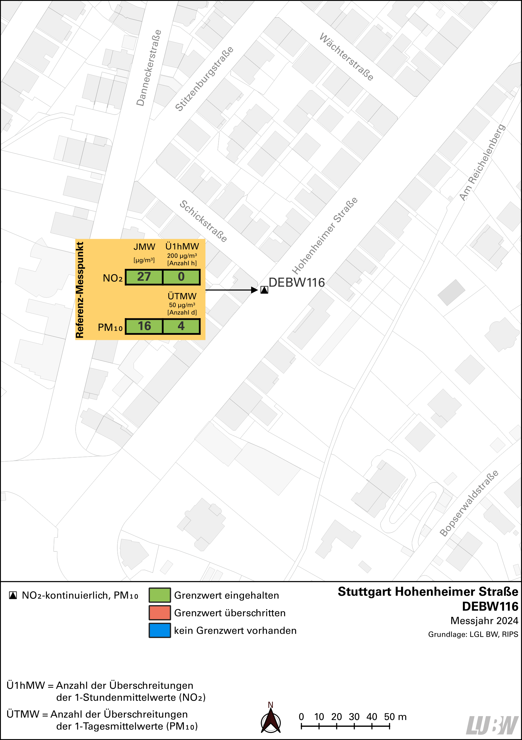 Kartenausschnitt, der die Lage der Messstelle Stuttgart Hohenheimer Straße (Referenzmesspunkt) zeigt. Dargestellt sind zudem die Ergebnisse (Jahresmittelwerte 2024, Überschreitungen 2024) der gemessenen Belastung durch Stickstoffdioxid und Partikel PM10.
