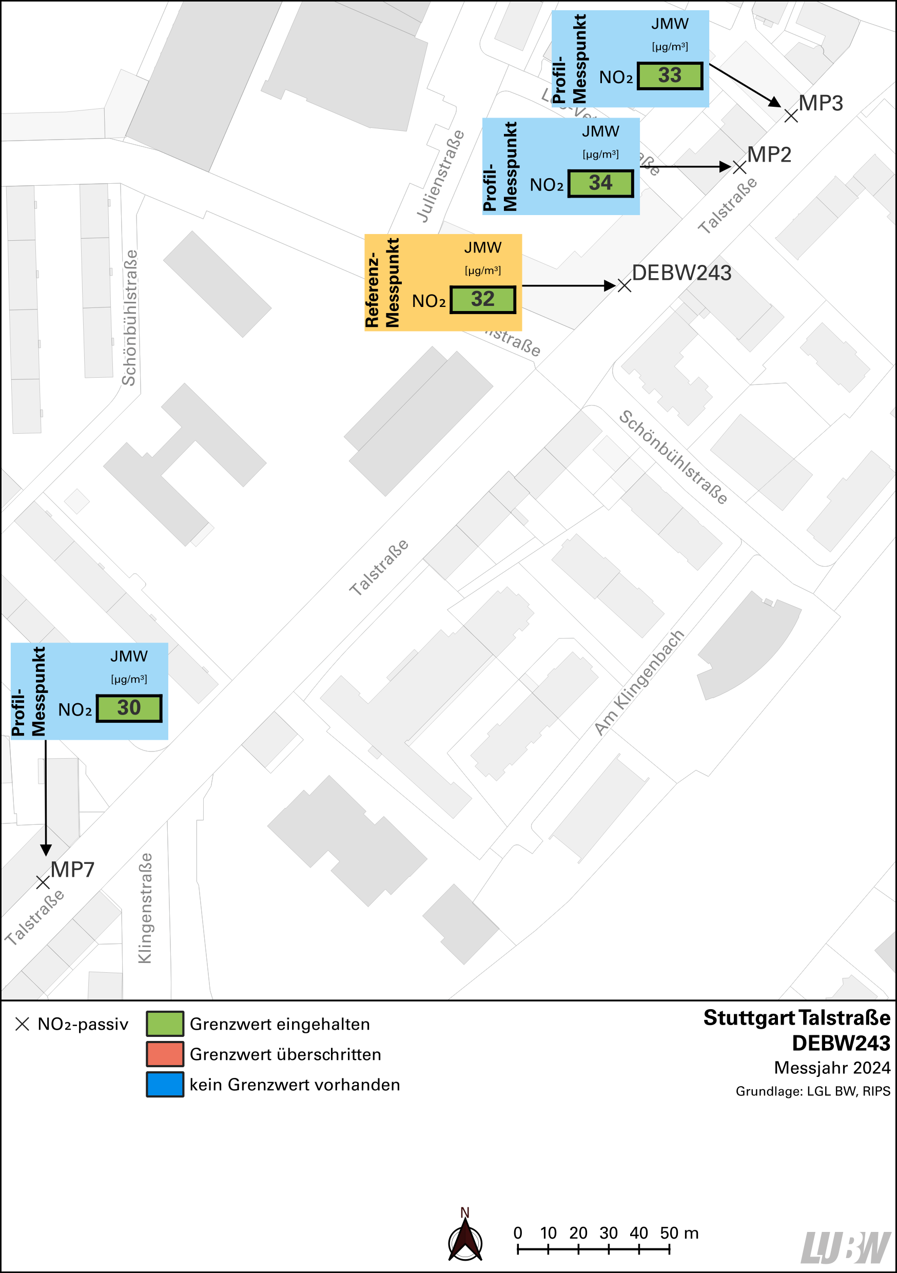 Kartenausschnitt, der die Lage der Messstelle Stuttgart Talstraße (Referenzmesspunkt) sowie der 3 Profilmesspunkte zeigt. Dargestellt sind zudem die Ergebnisse (Jahresmittelwerte 2024) der sowohl am Referenzmesspunkt als auch an den Profilmesspunkten gemessenen Stickstoffdioxidbelastung.