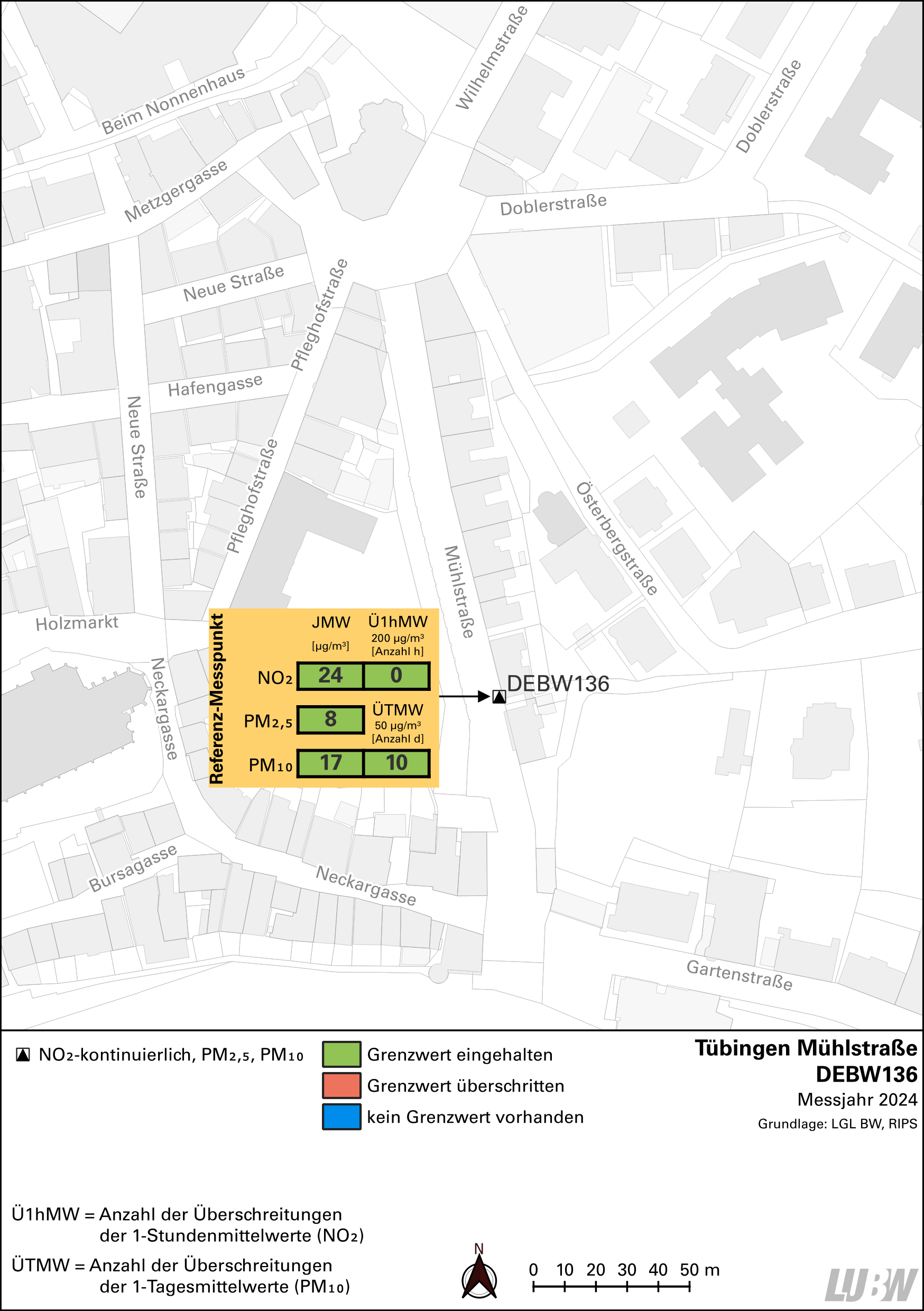 Kartenausschnitt, der die Lage der Messstelle Tübingen Mühlstraße (Referenzmesspunkt) zeigt. Dargestellt sind zudem die Ergebnisse (Jahresmittelwerte 2024, Überschreitungen 2024) der gemessenen Belastung durch Stickstoffdioxid, Partikel PM10 und Partikel PM2,5.