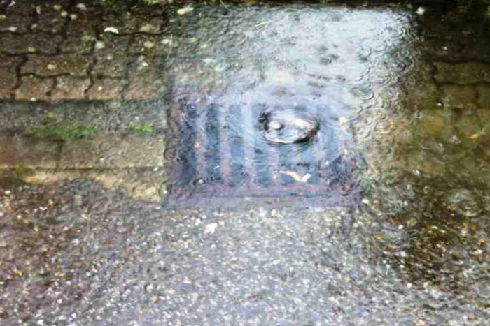 Foto: Straßenablauf nimmt Wasser auf.