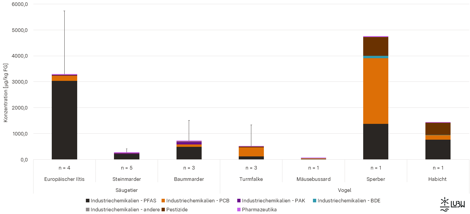 Die Abbildung zeigt ein Balkendiagramm, dass die Zahlen aus dem umgebenden Text visualisiert. Unter den Mardern und Iltissen ist der Europäische Iltis die Art mit der höchsten Gesamtkonzentration an Schadstoffen, wobei der Hauptanteil auf die PFAS-Verbindungen entfällt. Von den untersuchten Vögeln ist der Sperber am höchsten belastet, hier dominieren die PCB-Verbindungen.