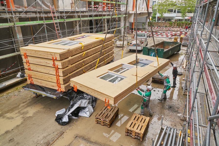 Diese Szene zeigt eine aktive Außenbaustelle auf matschigem Boden. Im Zentrum heben mehrere Bauarbeiter in Sicherheitskleidung und Helmen ein großes, rechteckiges Holzbauelement an Kränen hoch. Das Element hat die Größe einer Wand und enthält bereits zwei eingebaute Fenster; es hängt an gelben und schwarzen Gurten. Zwei Arbeiter führen das schwebende Bauteil vorsichtig, während ein dritter zusieht. Links lagern weitere vorgefertigte Wandelemente gestapelt auf einer Ladefläche. Die Baustelle ist von Gerüsten mit Leitern und Netzen umgeben. Im Hintergrund sind Baucontainer, Baumaterialien, ein Transporter sowie eine abgesperrte Straße und Bäume erkennbar. Das Bild vermittelt den Eindruck eines präzisen, geordneten Bauvorgangs mit vorgefertigten Holzelementen. Die Atmosphäre ist durch die konzentrierte Arbeit und die technische Ausstattung geprägt.