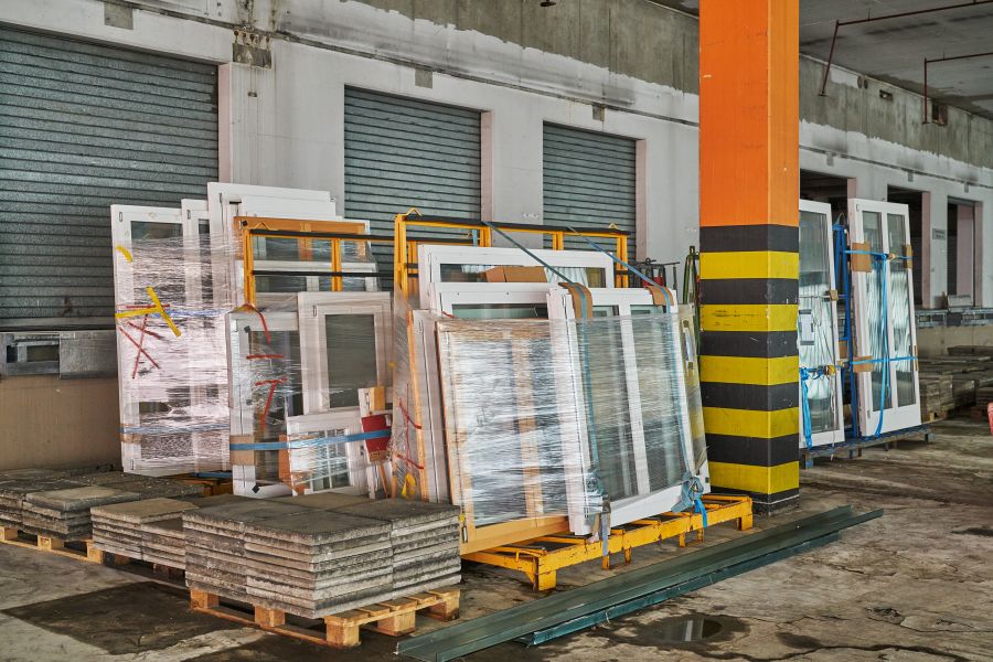 Diese Aufnahme zeigt das Innere einer großen, leeren Industriehalle mit rauem Betonboden. Im Vordergrund lagern quadratische Betonplatten auf Holzpaletten. Dahinter stehen große, weiß gerahmte Fensterelemente auf orangefarbenen Metallgestellen, teilweise in Schutzfolie gehüllt. Ein markanter Stützpfeiler rechts ist als Warnmarkierung oben orange und unten schwarz-gelb gestreift bemalt. Im Hintergrund ist eine Reihe grauer Metallrolltore erkennbar. Wände und Decke wirken unfertig mit sichtbaren Montagespuren. Der Gesamteindruck ist der eines rustikalen Lager- oder Baustellenbereichs, in dem Materialien für eine anstehende Renovierung bereitgehalten werden.