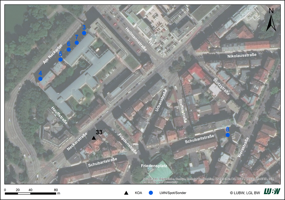 Erste Karte mit einem Satellitenbild für einen detaillierten Bereich im Stadtgebiet Stuttgart mit den Messstellen, die im Auftrag des Koalitionsausschusses installiert wurden