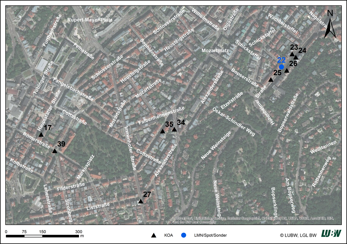 Zweite Karte mit einem Satellitenbild für einen detaillierten Bereich im Stadtgebiet Stuttgart mit den Messstellen, die im Auftrag des Koalitionsausschusses installiert wurden