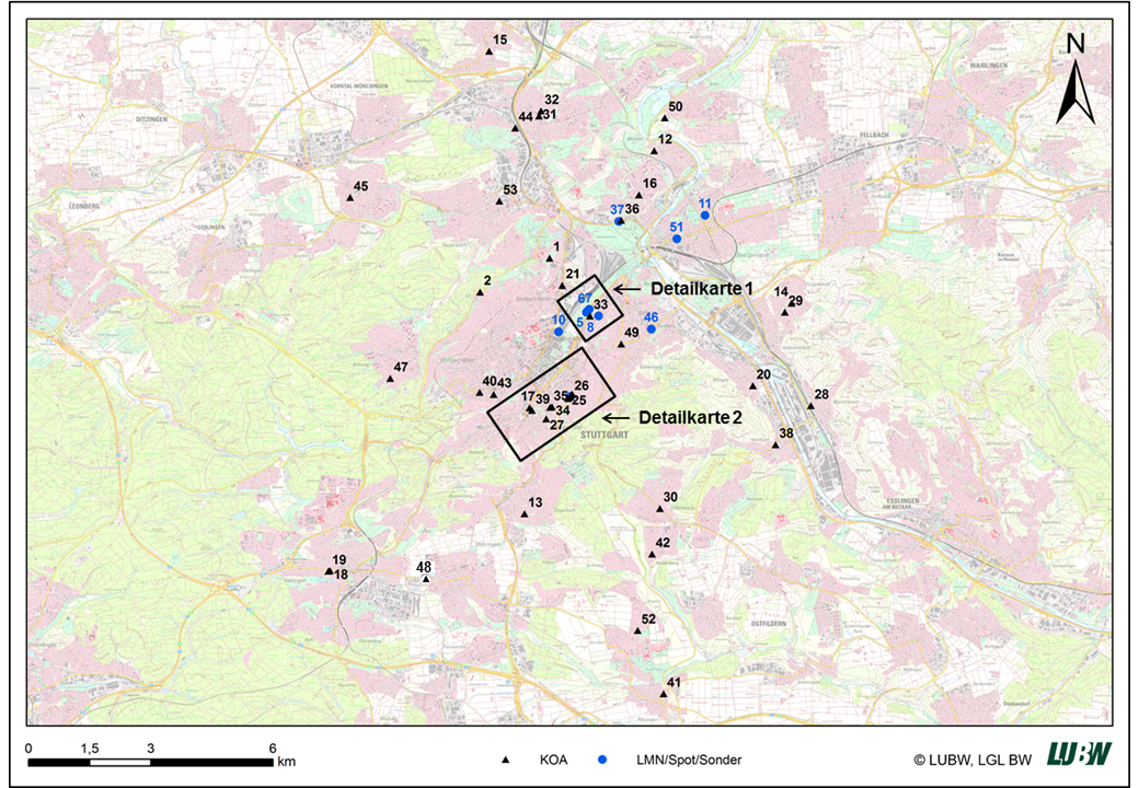 Topografische Karte für das Stadtgebiet Stuttgart mit den Messstellen, die im Auftrag des Koalitionsausschusses installiert wurden
