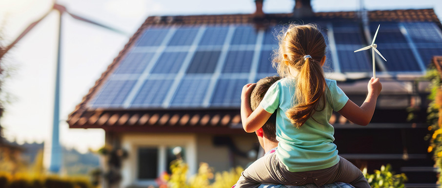 Mann mit Tochter vor Haus mit Photovoltaikanlage.