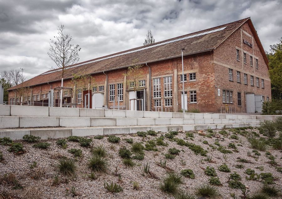 Das Bild zeigt die Reithalle Achern, ein langgestrecktes, zweistöckiges Backsteingebäude unter einem bewölkten Himmel. Das rote Ziegelmauerwerk ist von zahlreichen hohen, weiß gerahmten Sprossenfenstern durchbrochen. Ein großes Satteldach mit dunklen Ziegeln deckt den Bau ab. Im Vordergrund erstreckt sich eine terrassierte Außenanlage: Eine Böschung ist mit hellem Kies aufgeschüttet und mit kleinen, grünen Gräsern und Pflanzen punktuell bepflanzt. Darüber verlaufen mehrere Stufen aus hellgrauen, glatten Betonblöcken, die wie eine Tribüne wirken. Vereinzelte junge, noch recht kahle Bäume stehen direkt vor der Fassade. Die Perspektive ist leicht von unten nach oben gerichtet, was die monumentale Länge des historischen Gebäudes betont.