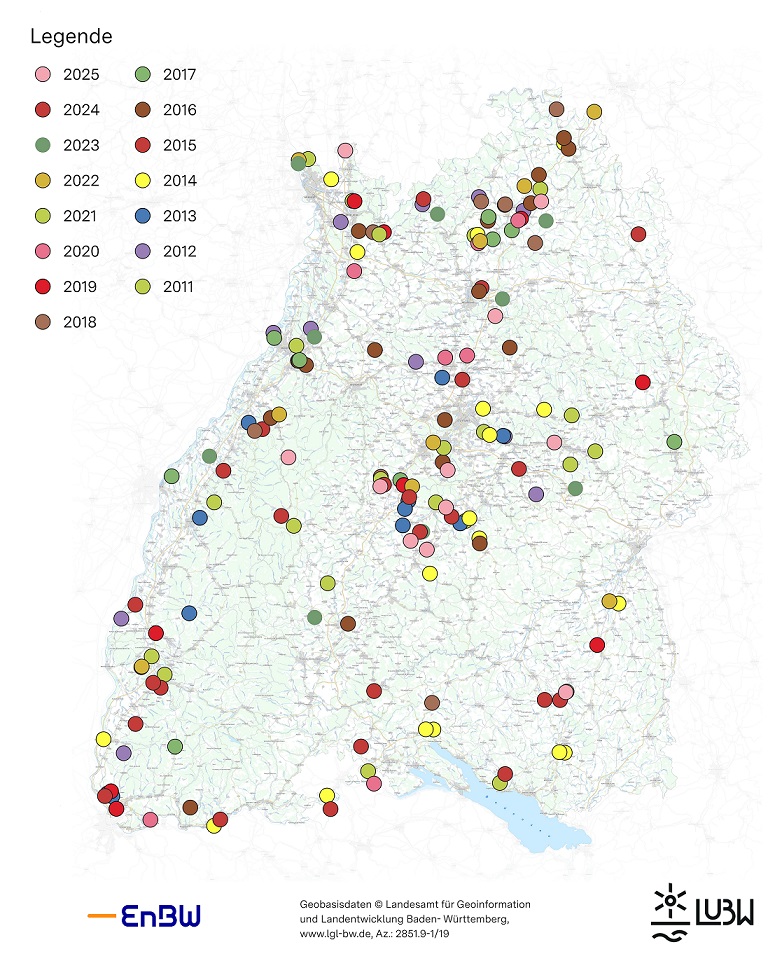  Karte Baden-Württembergs, die die Projektförderungen 2011 bis 2025 als farbige Kreise darstellt 