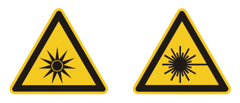 Warnzeichen nach der Technischen Regel für Arbeitsstätten ASR A1.3 „Sicherheits- und Gesundheitsschutzkennzeichnung". Links: Warnung vor optischer Strahlung; rechts: Warnung vor Laserstrahl. Mit diesen Warnzeichen sind Arbeitsbereiche, in denen die Expositionsgrenzwerte überschritten werden können, zu kennzeichnen und abzugrenzen.