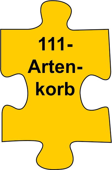 Logo des Themas "111-Artenkorb". Ein gelbes Puzzleteil mit der Aufschrift "111-Artenkorb"