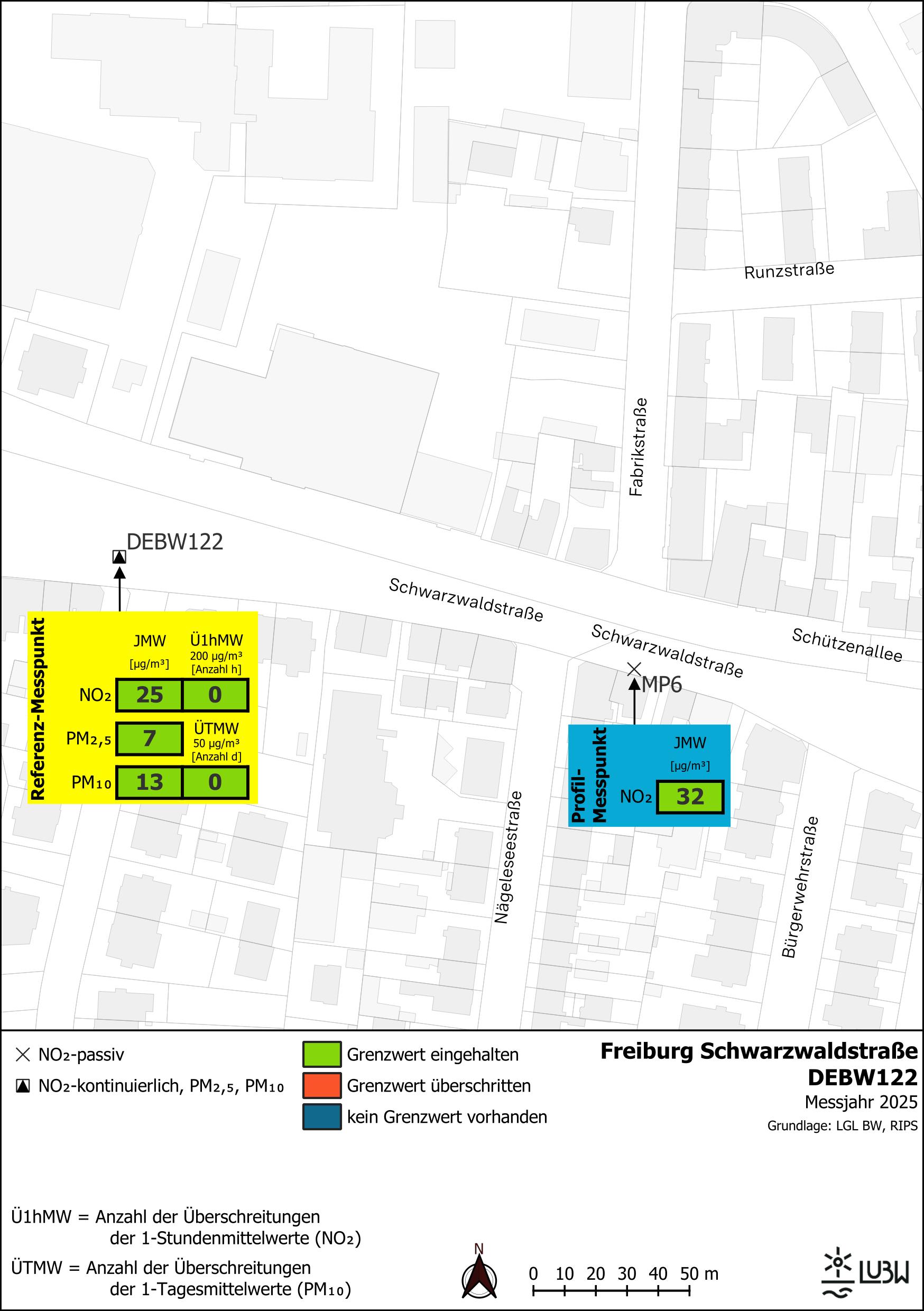Kartenausschnitt, der die Lage der Messstelle Freiburg Schwarzwaldstraße (Referenzmesspunkt) sowie des Profilmesspunkts zeigt. Dargestellt sind zudem die Ergebnisse (Jahresmittelwerte 2025, Überschreitungen 2025) der sowohl am Referenzmesspunkt als auch am Profilmesspunkt gemessenen Stickstoffdioxidbelastung sowie der am Referenzmesspunkt gemessenen Belastung durch Partikel PM10 und Partikel PM2,5.