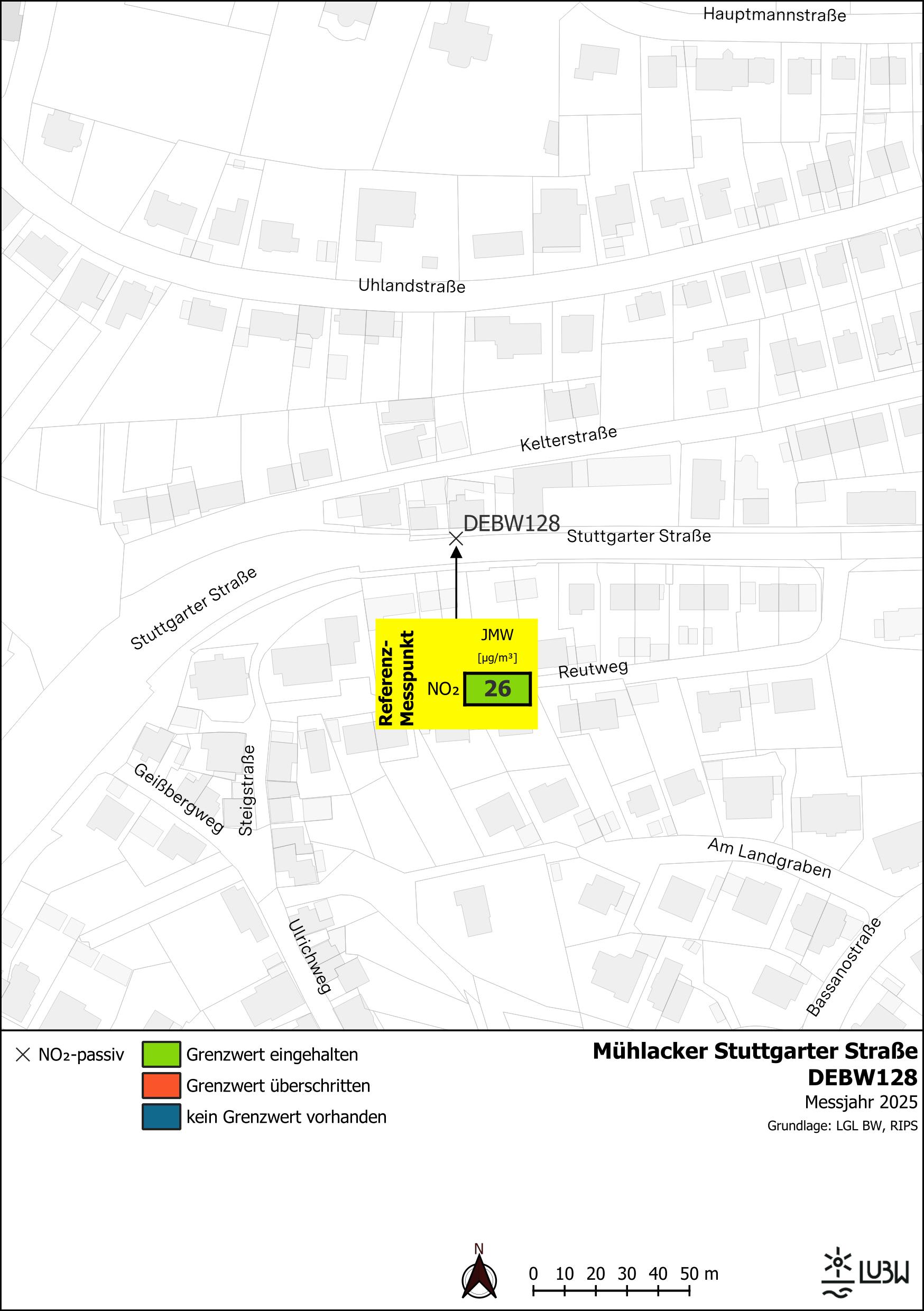 Kartenausschnitt, der die Lage der Messstelle Mühlacker Stuttgarter Straße (Referenzmesspunkt) zeigt. Dargestellt ist zudem das Ergebnis (Jahresmittelwert 2025) der gemessenen Stickstoffdioxidbelastung.