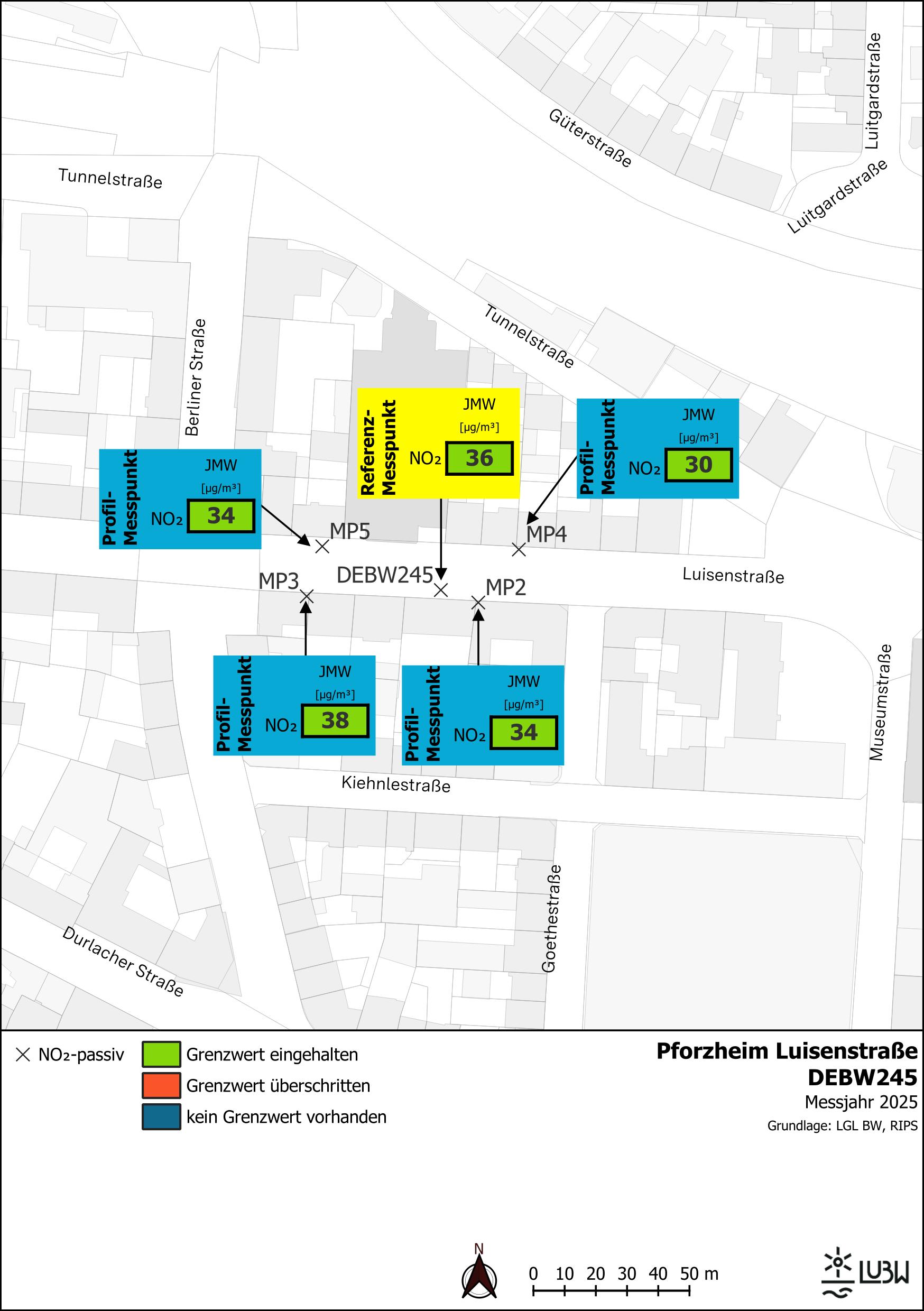 Kartenausschnitt, der die Lage der Messstelle Pforzheim Luisenstraße (Referenzmesspunkt) sowie der 4 Profilmesspunkte zeigt. Dargestellt sind zudem die Ergebnisse (Jahresmittelwerte 2025) der sowohl am Referenzmesspunkt als auch an den Profilmesspunkten gemessenen Stickstoffdioxidbelastung.
