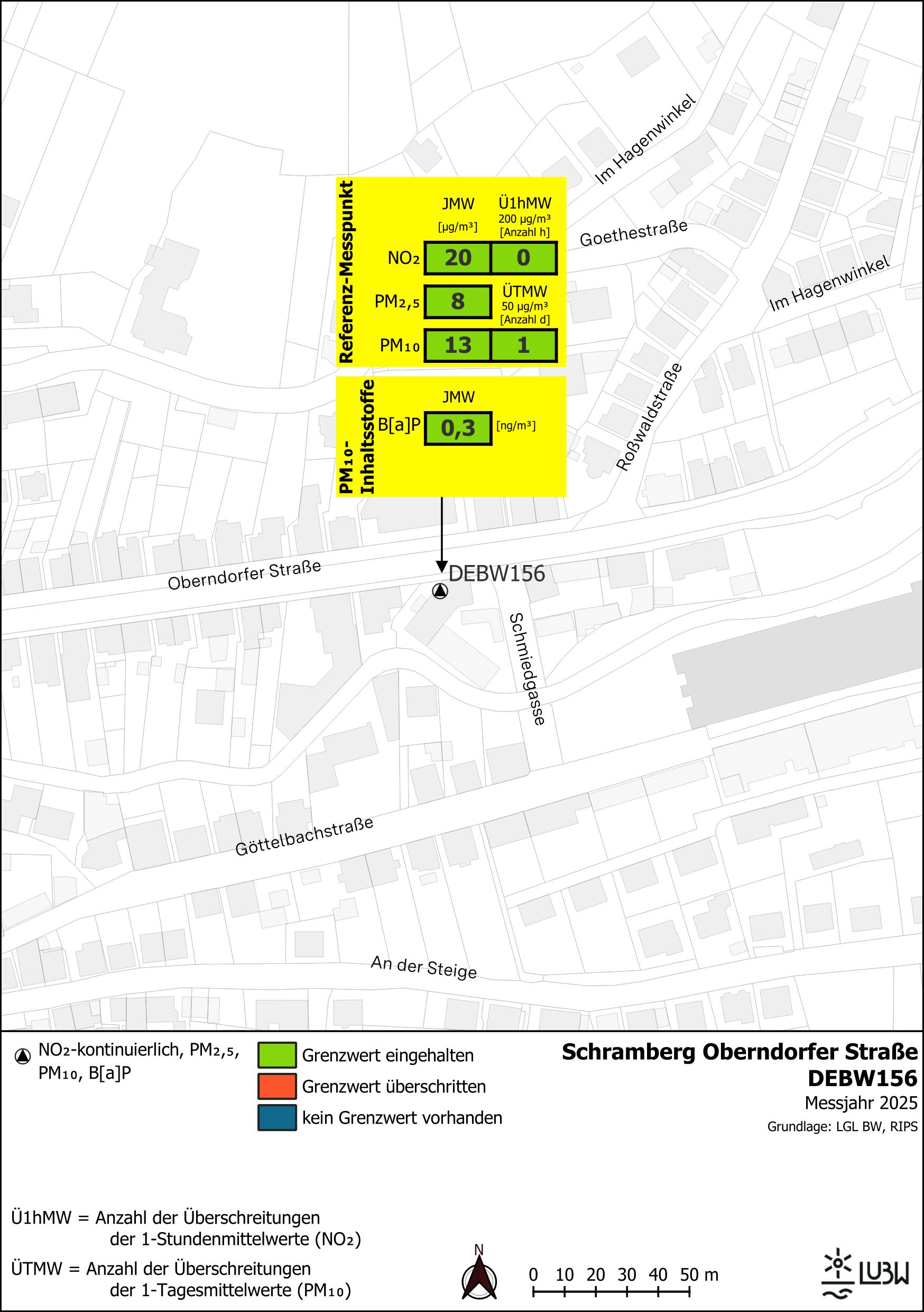 Kartenausschnitt, der die Lage der Messstelle Schramberg Oberndorfer Straße (Referenzmesspunkt) zeigt. Dargestellt sind zudem die Ergebnisse (Jahresmittelwerte 2025, Überschreitungen 2025) der gemessenen Belastung durch Stickstoffdioxid, Partikel PM10, Partikel PM2,5 sowie Benzo[a]pyren als Anteil in Partikel PM10.