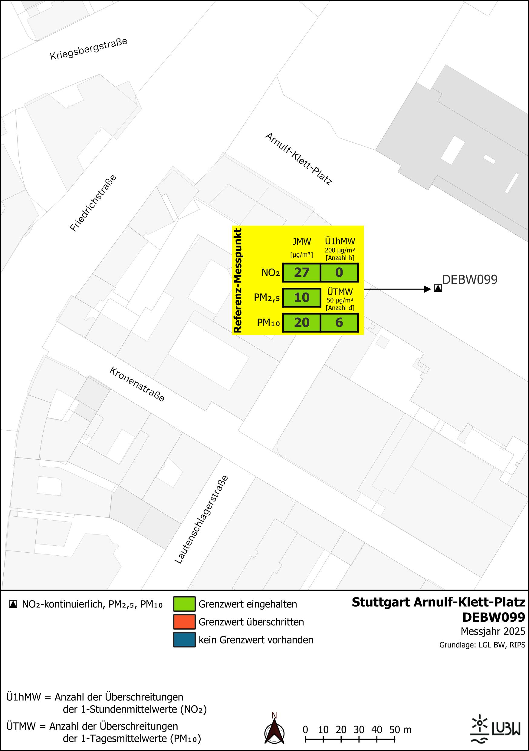 Kartenausschnitt, der die Lage der Messstelle Stuttgart Arnulf-Klett-Platz (Referenzmesspunkt) zeigt. Dargestellt sind zudem die Ergebnisse (Jahresmittelwerte 2025, Überschreitungen 2025) der gemessenen Belastung durch Stickstoffdioxid, Partikel PM10 und Partikel PM2,5.