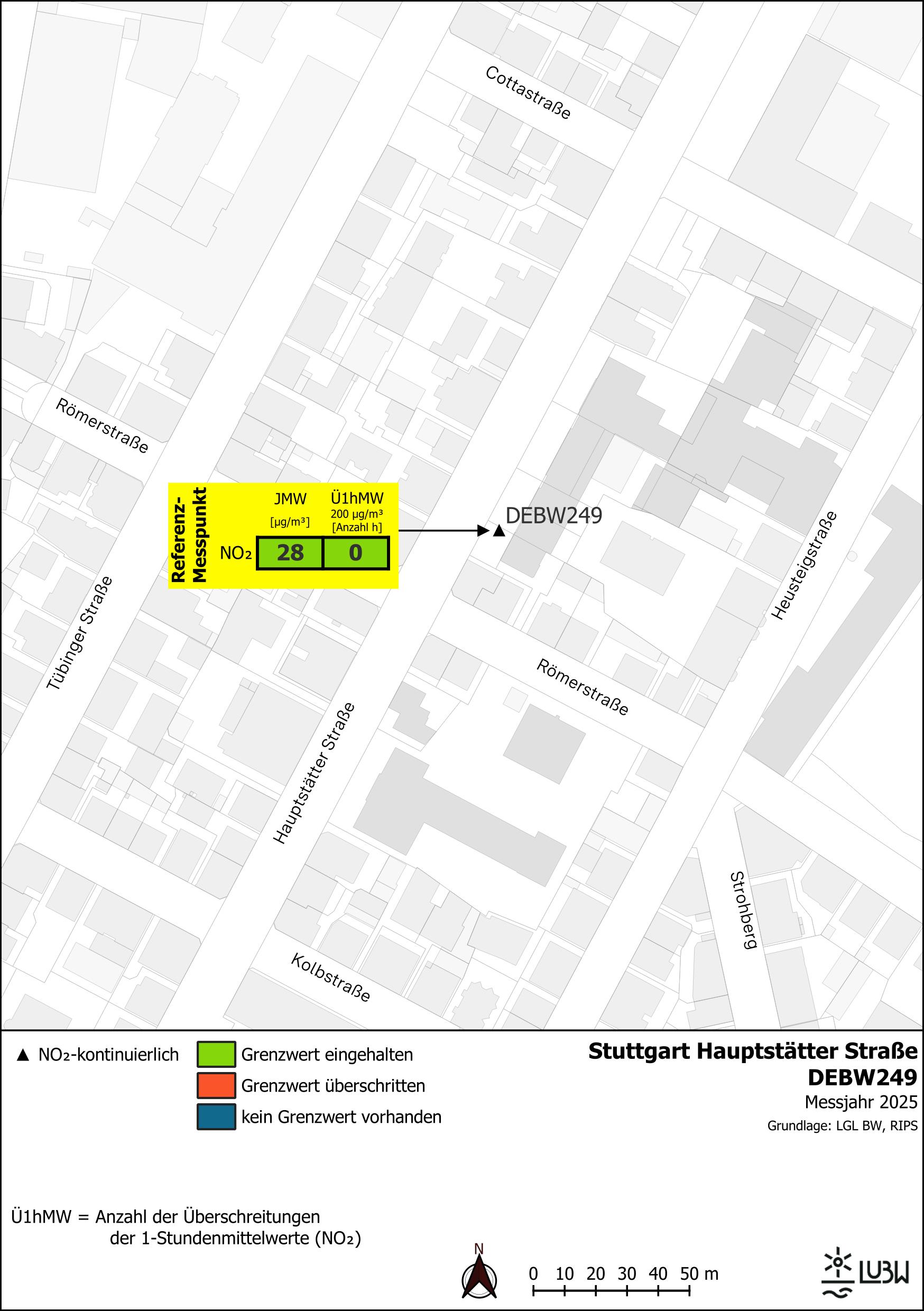 Kartenausschnitt, der die Lage der Messstelle Stuttgart Hauptstätter Straße (Referenzmesspunkt) zeigt. Dargestellt sind zudem die Ergebnisse (Jahresmittelwert 2025, Überschreitungen 2025) der gemessenen Stickstoffdioxidbelastung.