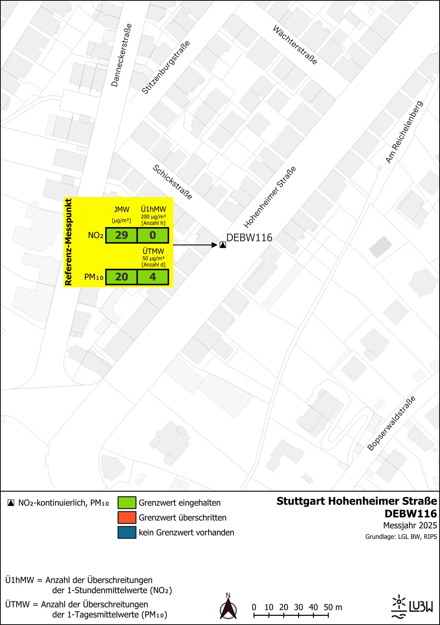 Kartenausschnitt, der die Lage der Messstelle Stuttgart Hohenheimer Straße (Referenzmesspunkt) zeigt. Dargestellt sind zudem die Ergebnisse (Jahresmittelwerte 2025, Überschreitungen 2025) der gemessenen Belastung durch Stickstoffdioxid und Partikel PM10.