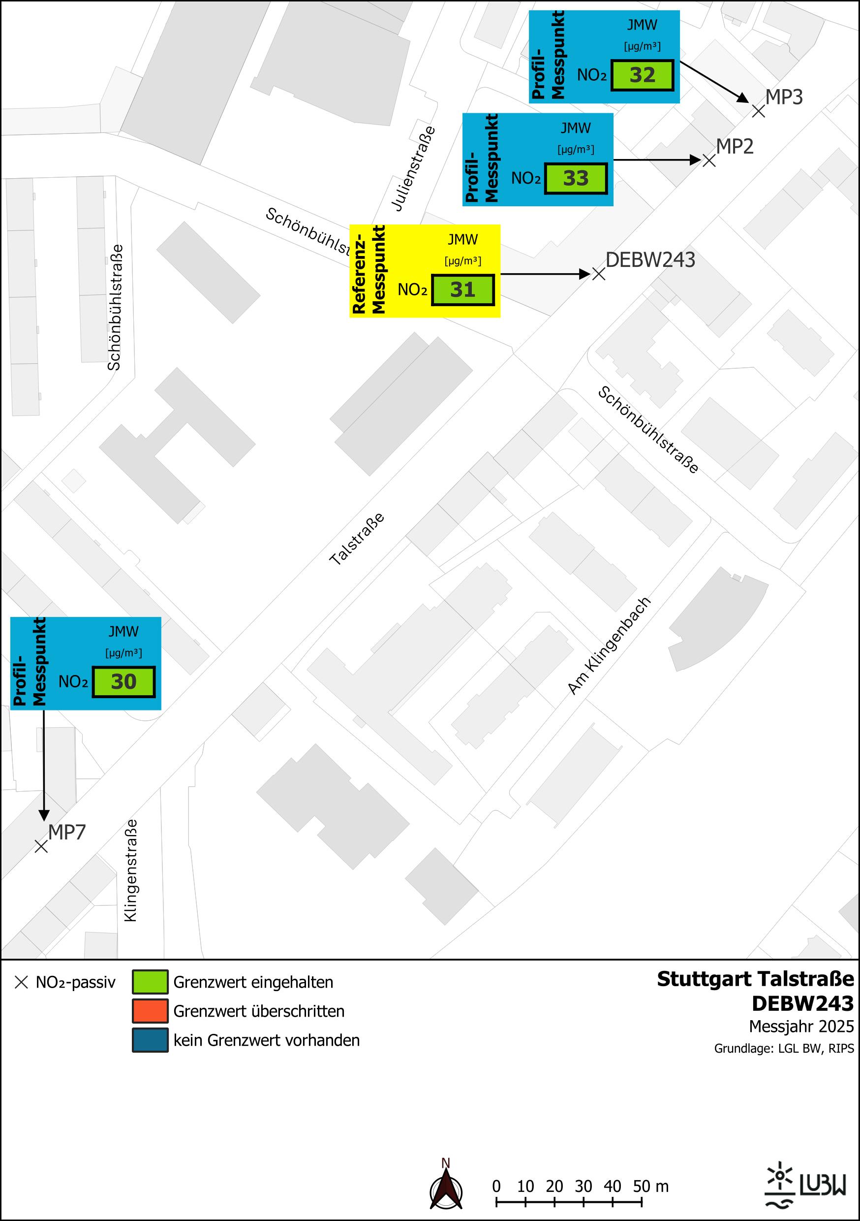 Kartenausschnitt, der die Lage der Messstelle Stuttgart Talstraße (Referenzmesspunkt) sowie der 3 Profilmesspunkte zeigt. Dargestellt sind zudem die Ergebnisse (Jahresmittelwerte 2025) der sowohl am Referenzmesspunkt als auch an den Profilmesspunkten gemessenen Stickstoffdioxidbelastung.