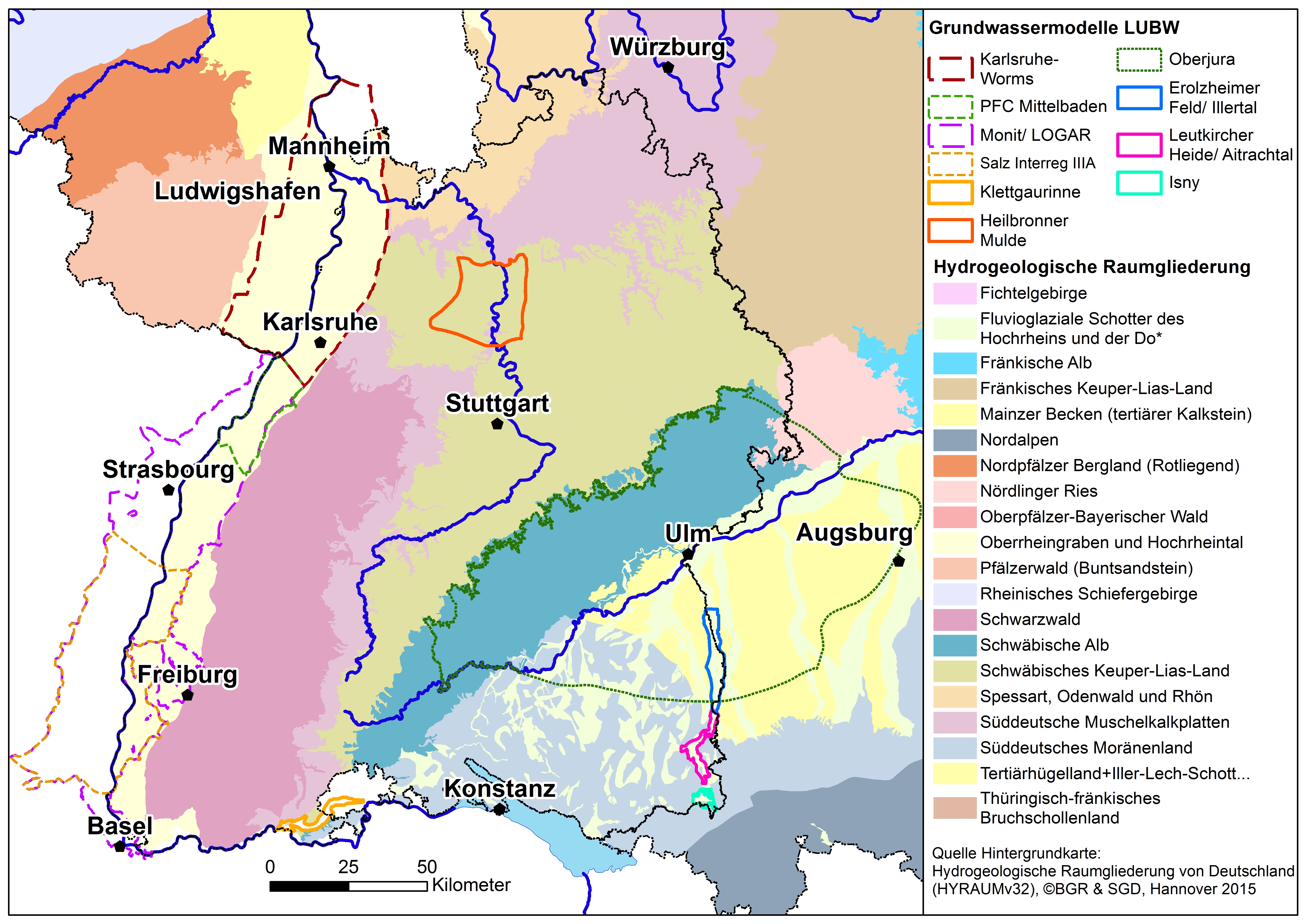 Karte Baden-Württembergs mit Umrissen der Grundwassermodelle des Landes