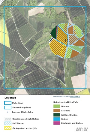 Luftbild einer Untersuchungsfläche mit 200 Meter Puffer, in dem sich ein hoher Anteil an ökologischem Landbau und HNV befindet Luftbild einer Untersuchungsfläche mit 200 Meter Puffer, in dem sich ein hoher Anteil an ökologischem Landbau und HNV befindet