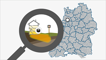 Karte von Baden-Württemberg mit Lupe, die Radonvorkommen im Boden und Eindringen von Radon in ein Gebäude zeigt.