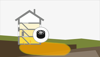 Haus, in das Radon aus dem Boden eindringt mit Radon-Messgerät. Das Radon-Messgerät ist eine zylindrische, schwarze Plastikdose.