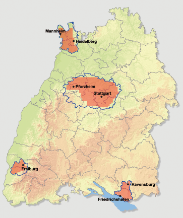 Lage der vier Untersuchungsgebiete der Funkwellen-Messprojekte 2003 und 2009 in Baden-Württemberg. Die Messungen erfolgten in städtisch und ländlich geprägten Regionen.