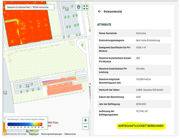 Solarkataster mit ausgewählter Dachfläche zeit Informationen zum Dach an. 