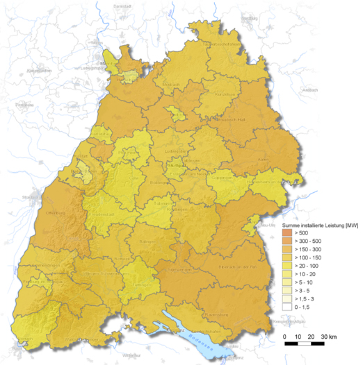 Summe der installierten Leistung aller Photovoltaik-Dachanlagen auf Landkreisebene