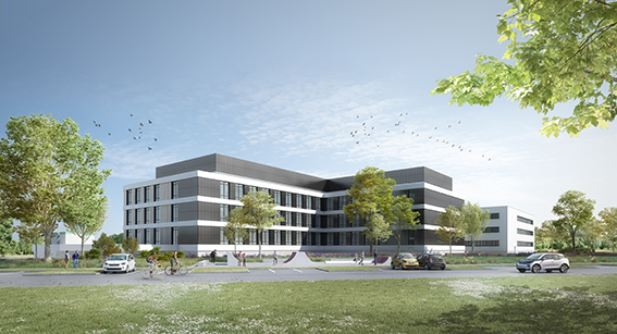 Visualisierung des geplanten Laborgebäudes mit Photovoltaikelementen an der Fassade.