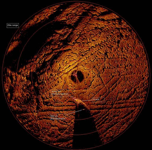 Sonarbild auf dem das Wrack zu erkennen ist.