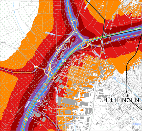 Ausschnitt der Lärmkartierung von der A5 bei Ettlingen. Farblich wird die Lärmbelastung ausgehend von der A5 dargestellt.
