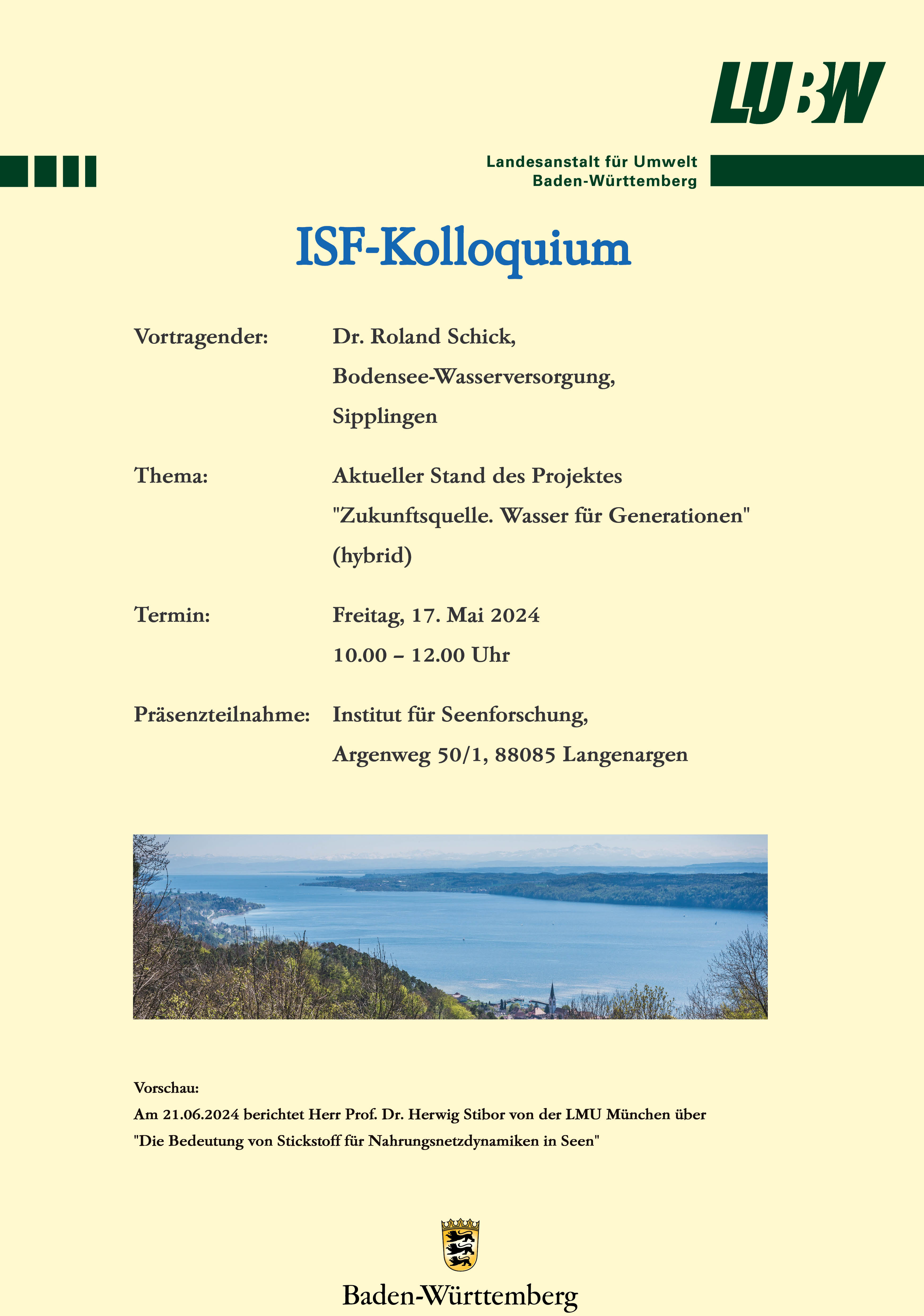  Kolloquiumsankündigung vom 17.05.2024 zum Thema "Zukunftsquelle. Wasser für Generationen" mit Dr. Roland Schick von der Bodensee-Wasserversorgung in Sipplingen