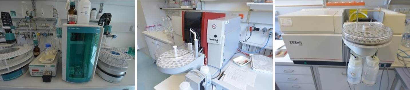 Die Fotos zeigen drei Geräte, die für die instrumentelle Analytik im Chemielabor eingesetzt werden.