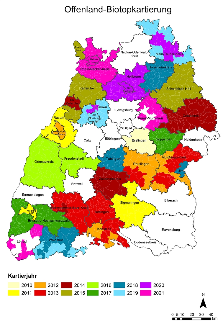 Karte zeigt: Übersicht der bereits kartierten Kreise mit Jahreszahl, noch fehlende Kreise: Neckar-Odenwald-Kreis, Ludwigsburg, Stuttgart, Böblingen, Calw, Heidenheim, Rottweil, Emmendingen, Biberach, Ravensburg, Bodenseekreis 