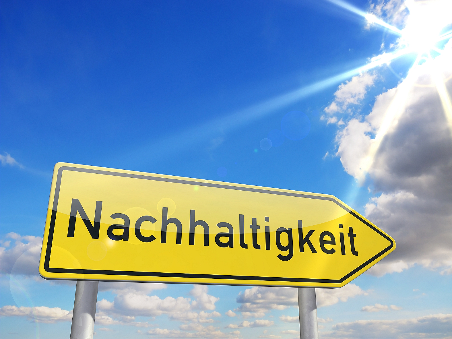 Schild mit der Aufschrift Nachhaltigkeit, im Hintergrund ein blauer Himmel