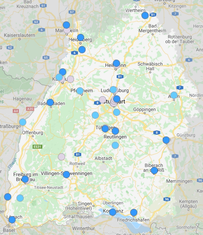 Karte von Baden-Württemberg, die die aktuellen Ozonwerte farbig an 27 Standorten anzeigt.