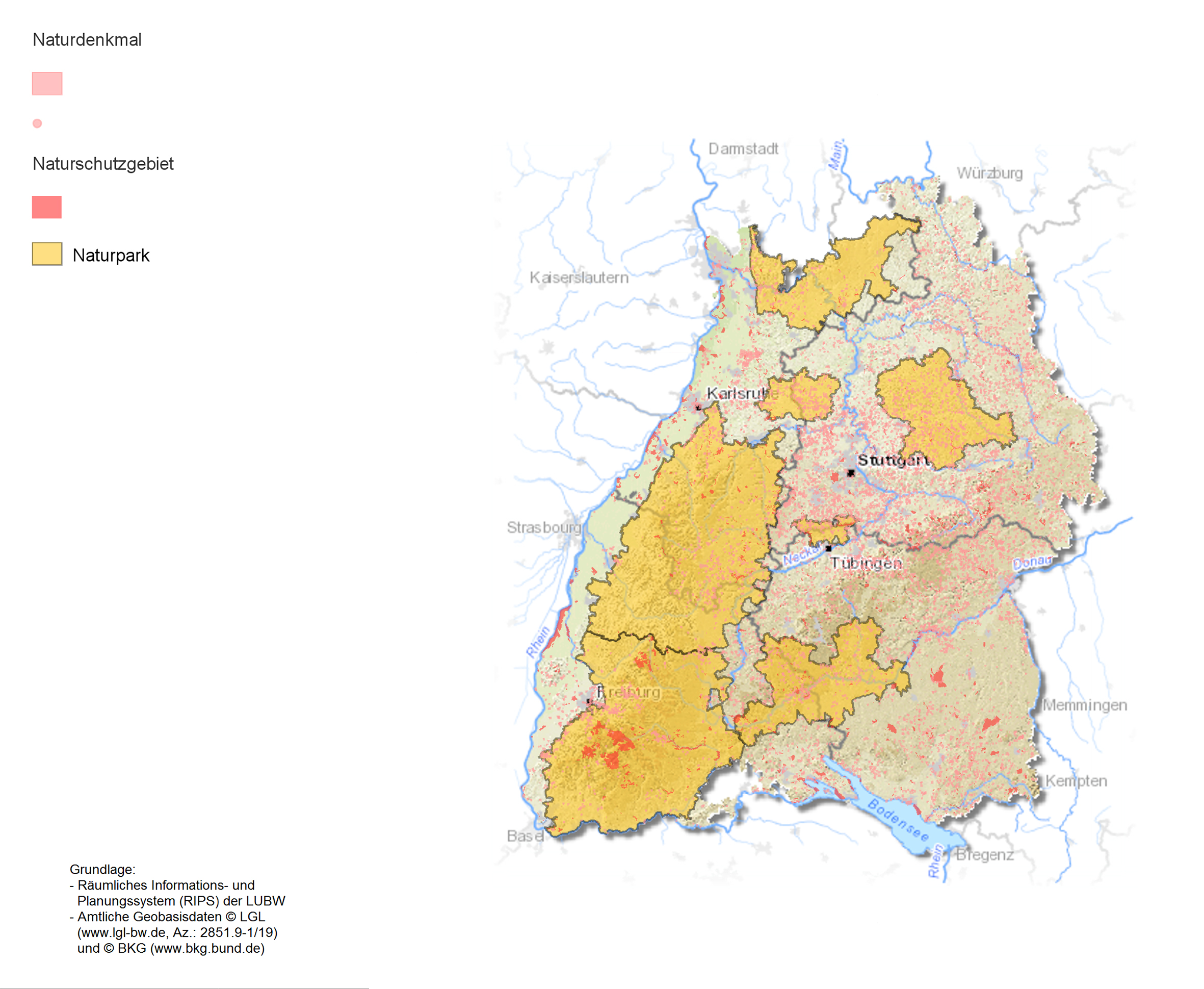 Karte von Baden-Württemberg die Naturdenkmäler, -parks und -schutzgebiete zeigt