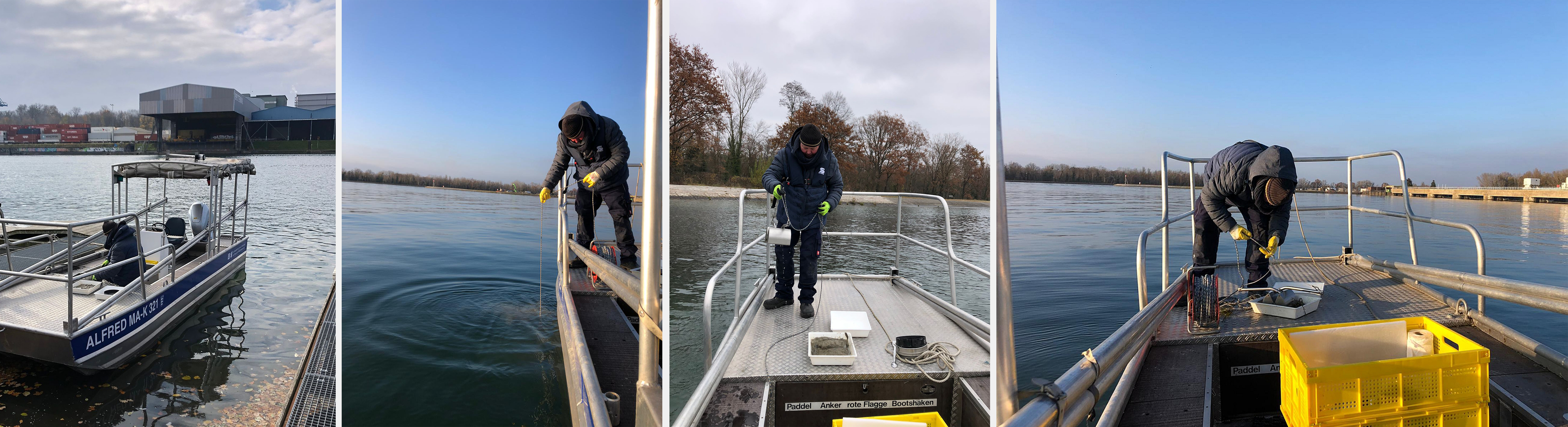 Bilder zeigen von links nach rechts: Das Messboot wird ins Wasser gelassen. Auf dem Fluss wird anschließend eine Probe entnommen und auf dem Boot verpackt.